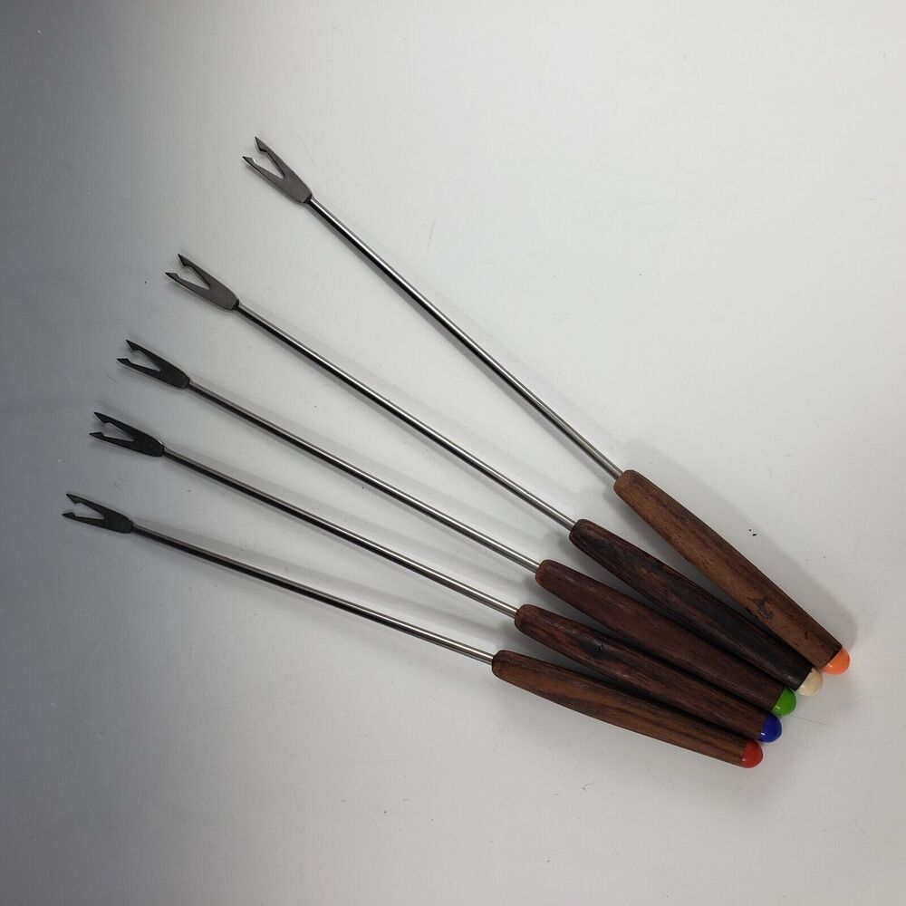 Fondue Long Fork Set Wood Teak Handle Color Insert MCM Set 5 Haddon House Japan